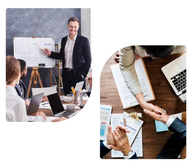 Employee Showing Business Growth Chart and Business Owner Shaking hands with Business Advisor